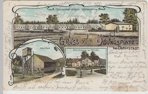 (112901) AK Gruss vom Übungsplatz bei Darmstadt, Mehrbild Litho 1905