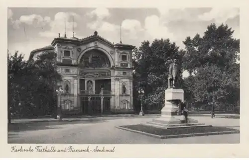 (752) AK Karlsruhe, B.-Württ., Festhalle, Bismarckdenkmal, vor 1945