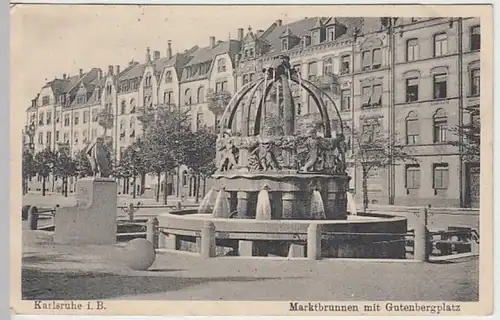 (18969) AK Karlsruhe, Marktbrunnen, Gutenbergplatz, Feldpost 1916