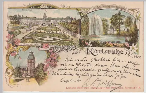 (115003) Künstler AK Gruß aus Karlsruhe, Schloss, Turm, See 1900