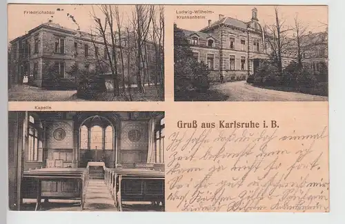 (114995) AK Gruß aus Karlsruhe, Friedrichsbau, Kapelle, Krankenheim 1913