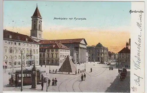 (114118) AK Karlsruhe, Marktplatz, Pyramide, Straßenbahn, Feldpost 1915