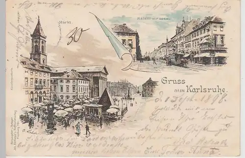 (111387) AK Gruss aus Karlsruhe, Markt u. Kaiserstraße 1898