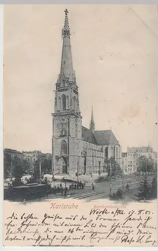 (107045) AK Karlsruhe, Bernharduskirche, Straßenbahn 1902