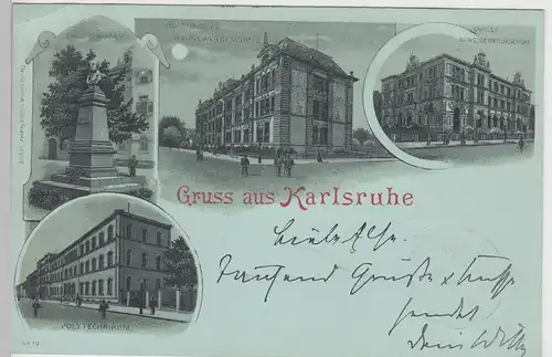 (101551) AK Gruss aus Karlsruhe, Mehrbild-Mondschein Litho 1899