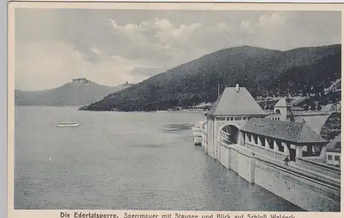 (87413) AK Edertalsperre, Sperrmauer mit Stausee u. Schloss Waldeck vor 1945