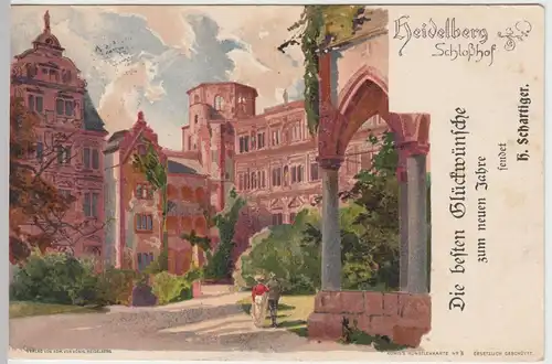 (53839) Künstler AK Heidelberg, Schloßhof, Neujahrskarte vor 1905