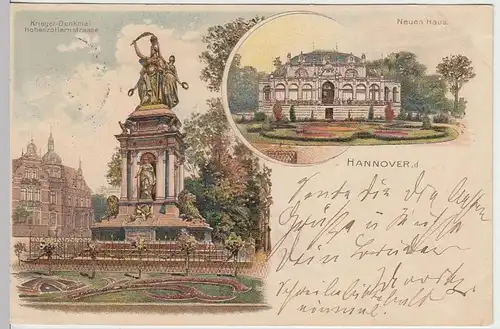 (31765) AK Hannover, Krieger-Denkmal, Neues Haus, Litho 1897