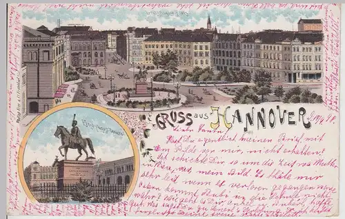 (115560) AK Gruss aus Hannover, Ernst-August-Platz u. Denkmal Litho 1898