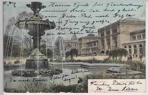 (115407) AK Hannover, Brunnen, Blick zum Bahnhof 1904