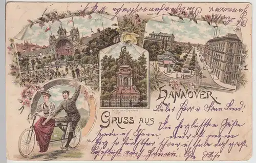 (114852) AK Gruss aus Hannover, Mehrbild Litho, Radfahrer 1900