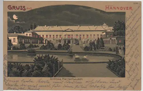 (110896) AK Gruss aus Hannover, Schloss Herrenhausen, Mondschein Litho 1901