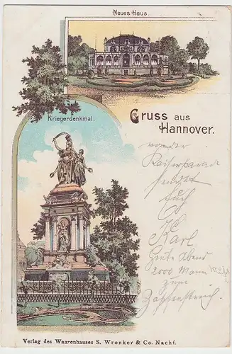 (106121) Künstler AK Gruß aus Hannover, Neues Haus, Kriegerdenkmal 1898