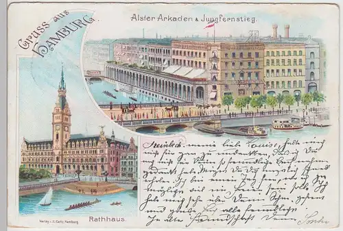 (93564) AK Gruss aus Hamburg, Alster-Arkaden u. Jungfernstieg, Litho 1897
