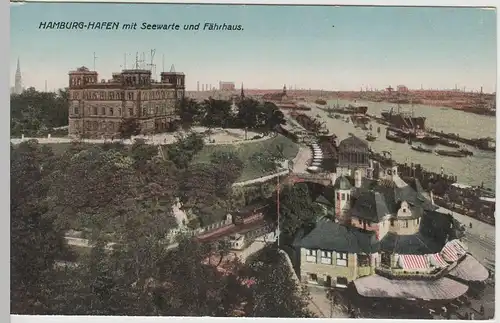 (66416) AK Hamburg, Hafen mit Seewarte und Fährhaus, vor 1945