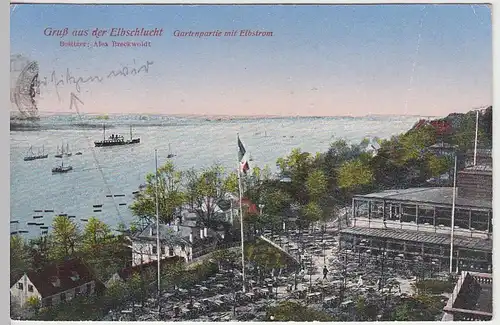 (38689) AK Hamburg, Elbschlucht, Gartenpartie mit Elbstrom 1933