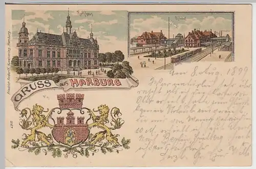 (19269) AK Gruß aus Harburg, Hamburg, Bahnhof, Rathaus, Litho 1899