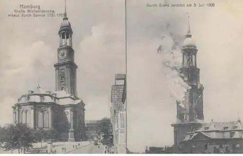 (1354) AK Hamburg, Michaeliskirche vor u. während d. Brandes 1906