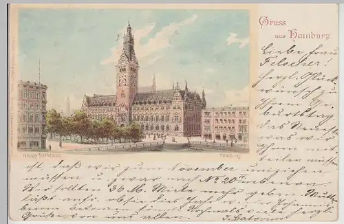 (115269) AK Gruss aus Hamburg, Neues Rathaus Litho 1899