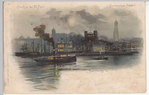 (114269) AK Hamburg, Hafen, Parthie bei St. Pauli bei Nacht, Litho 1899