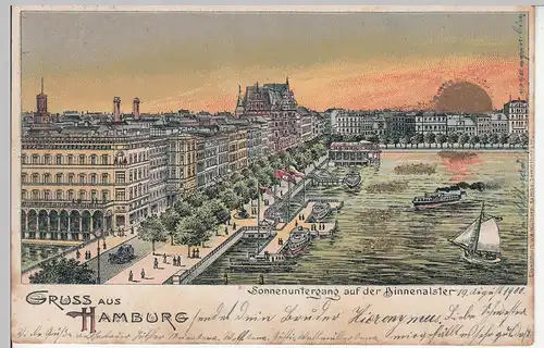 (113181) Künstler AK Gruß aus Hamburg, Binnenalster, Golddruck 1900