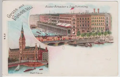 (112575) AK Gruß aus Hamburg, Alsterarkaden, Jungfernstieg, Litho um 1900