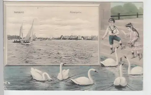 (111333) AK Hamburg, Alsterpartie, Kinder füttern Schwäne 1912