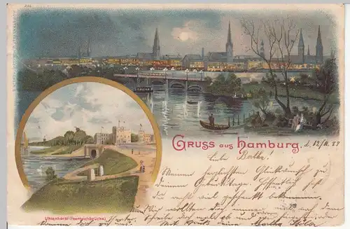 (110465) AK Gruss aus Hamburg, Panorama bei Nacht, Uhlenhorst, Litho 1899