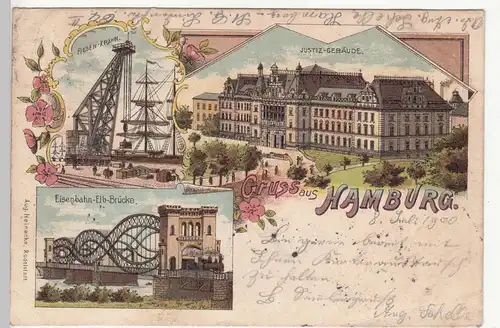 (110461) AK Gruss aus Hamburg, Riesen-Kran, Elb-Brücke, Justizgebäude, Litho 190