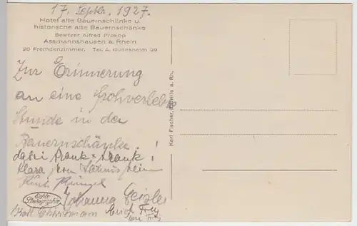 (21321) Foto AK Assmannshausen, Alte Bauernschänke, Inneres 1927