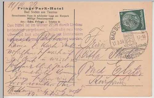 (113498) AK Bad Soden am Taunus, Frings Park Hotel, Sonderstempel 1938