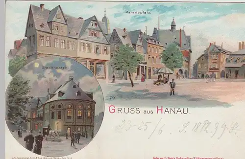 (111375) AK Gruss aus Hanau, Paradeplatz u. Stadttheater, Litho vor 1905