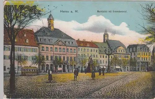 (110816) AK Hanau a.M., Marktplatz m. Grimmdenkmal, 1914