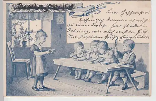 (109849) Künstler AK Volkskindergarten Frankfurt, Main, Kinder mit Suppe 1898