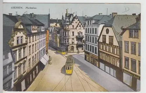 (109138) AK Gießen, Marktplatz, Straßenbahn, Optiker, Schuhhaus, vor 1945