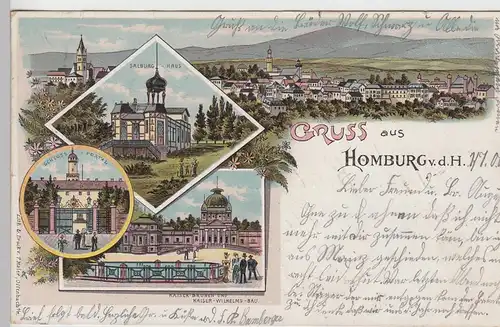 (108412) AK Gruß aus Homburg vor der Höhe, Saalburg Haus, Kaiser Brunnen, Litho.