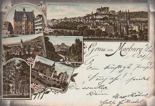 (107777) AK Gruß aus Marburg, Kaiser Wilhelm Turm, Rathaus, Schloss 1895