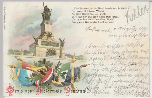 (107414) AK Gruss vom Niederwald-Denkmal, Litho mit Fahnen u. Wappen, Bahnpost 1