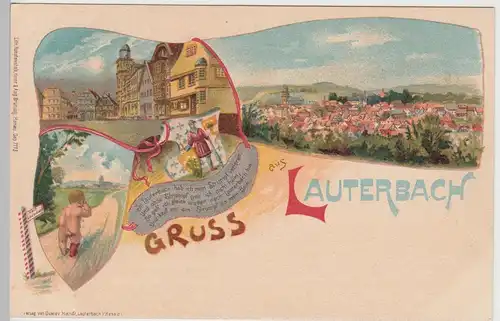 (106322) AK Gruss aus Lauterbach, Totale, Markt, Kind o. Socke, Spruch, Litho vo