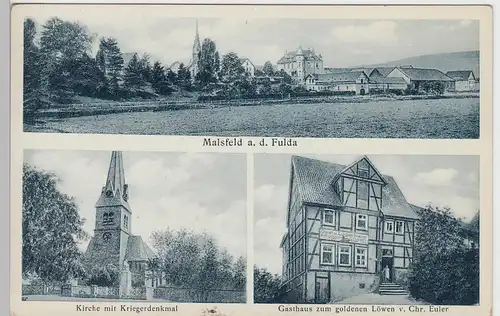 (100923) AK Malsfeld, Kirche, Kriegerdenkmal, Gasthaus zum goldenen Löwen, vor 1