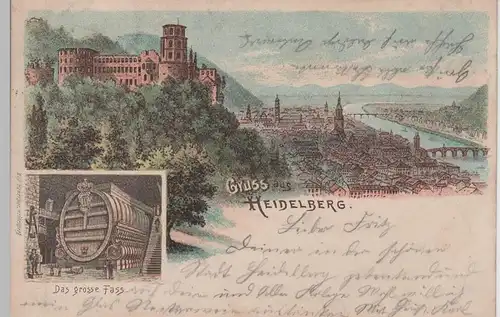 (76635) AK Gruss aus Heidelberg, Schloss u. Fass, Litho 1901