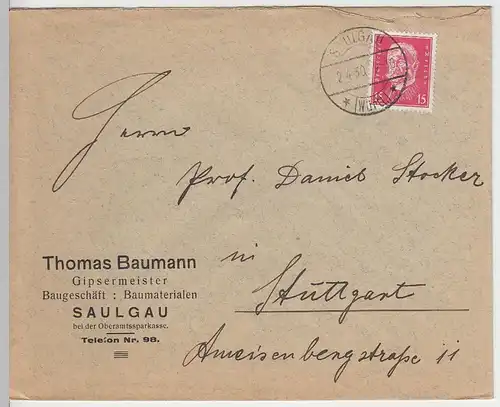 (B1408) Bedarfsbrief DR, Stempel Saulgau 1930