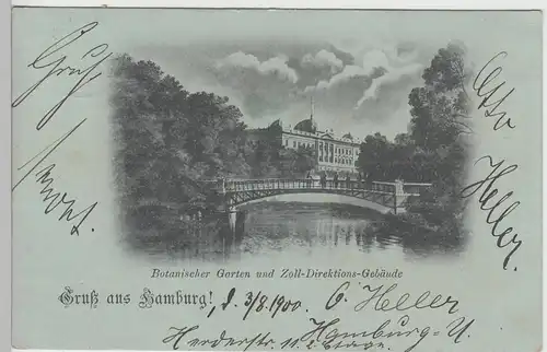 (105509) AK Gruss aus Hamburg, Botanischer Garten u. Zoll-Direktions-Gebäude, 19