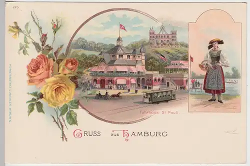 (104870) AK Gruss aus Hamburg, Fährhaus St. Pauli, Trachtenmädel, Litho vor 1905