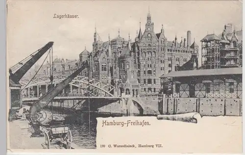 (101826) AK Hamburg, Freihafen m. Lagerhäuser u. Krane, vor 1905