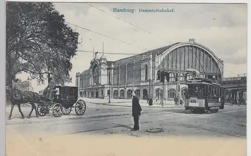(100026) AK Hamburg, Dammtorbahnhof, Straßenbahn, Pferdekutsche 1904