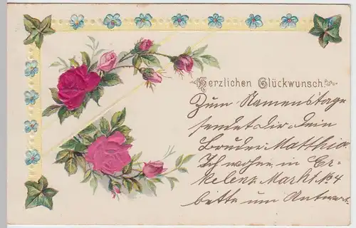 (51941) AK Herzlichen Glückwunsch, Prägekarte, Blumen aus Gewebestoff, 1901