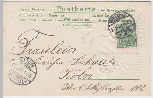 (51941) AK Herzlichen Glückwunsch, Prägekarte, Blumen aus Gewebestoff, 1901