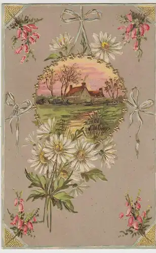 (45291) AK Grußkarte, Prägekarte m. Blumen, Landschaft m. Haus, 1908