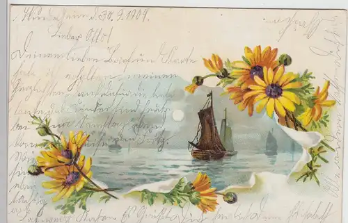 (111083) AK Grüße, Boote a.d. Wasser, Blumen, Bahnpost 1904